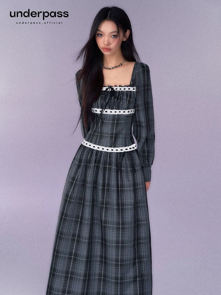 Underpass original design French gray plaid manor waist tie square collar long-sleeved jumpsuit long skirt