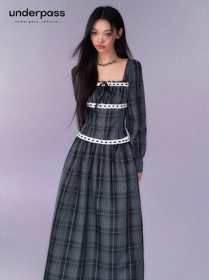 Underpass original design French gray plaid manor waist tie square collar long-sleeved jumpsuit long skirt
