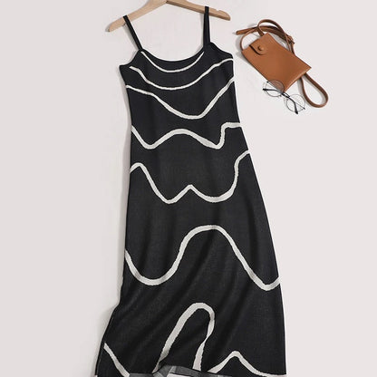 French retro light mature style suspender long skirt 2023 summer new high-end wavy striped knitted dress
