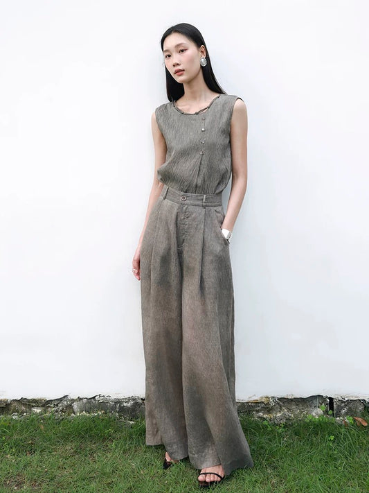 MOVE BY Retro high-end new Chinese style Tencel linen suit for women in summer elegant drapey wide-leg pants