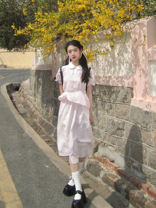 Nancy pink striped ruffle dress summer short-sleeved doll collar sweet waist slimming mid-length skirt