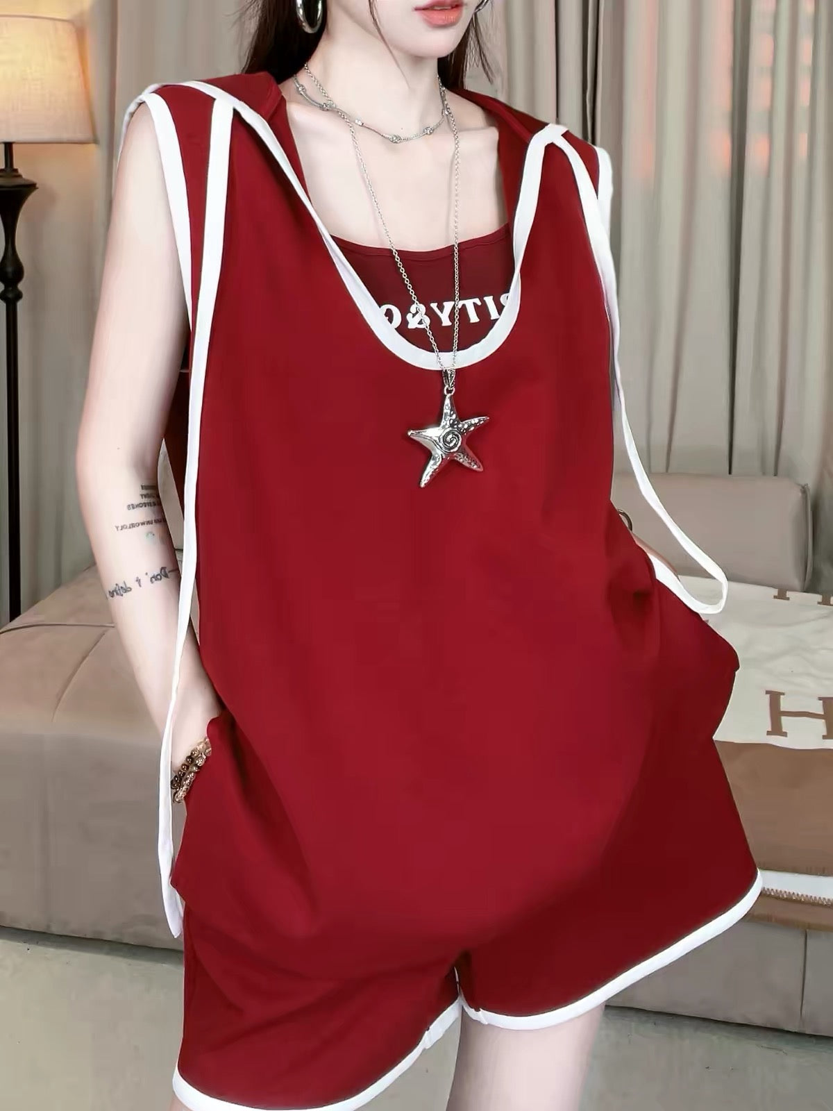 [Comfort Zone] New Summer 3-Piece Set: Casual Color-Block Hooded Vest & Camisole – Stylish & Slimming #62