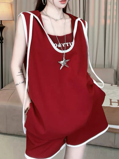 [Comfort Zone] New Summer 3-Piece Set: Casual Color-Block Hooded Vest & Camisole – Stylish & Slimming #62