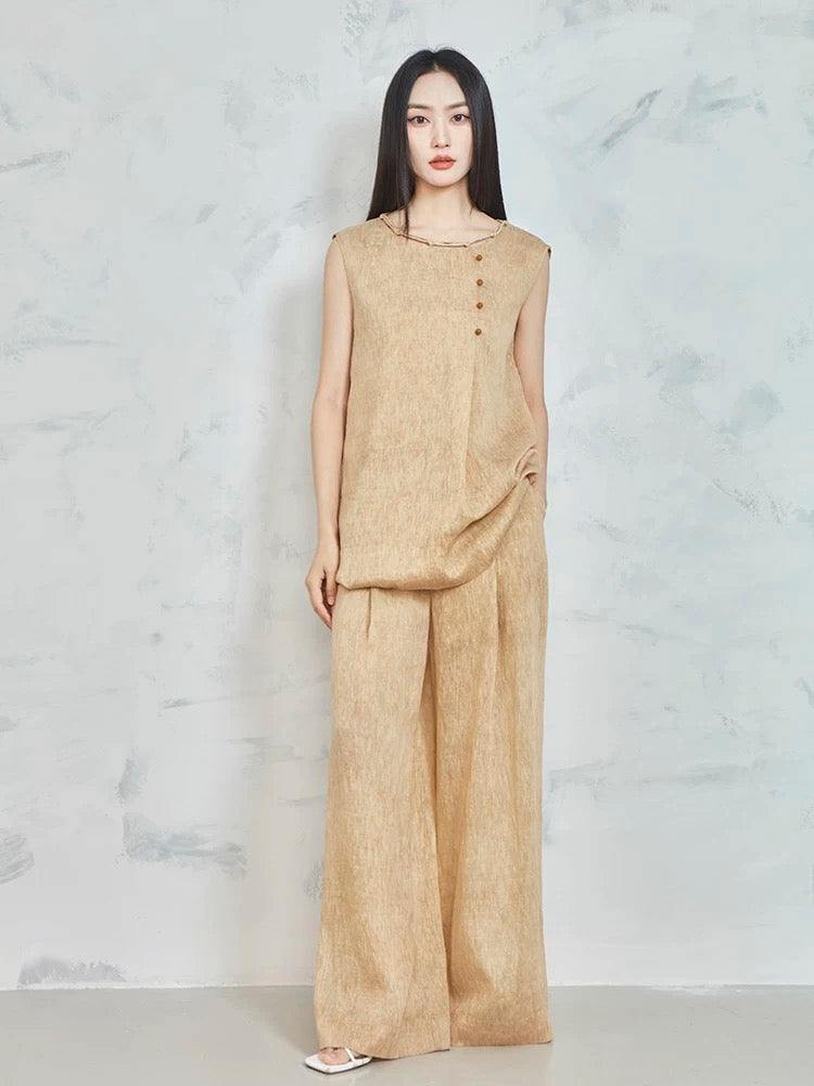 MOVE BY Retro high-end new Chinese style Tencel linen suit for women in summer elegant drapey wide-leg pants