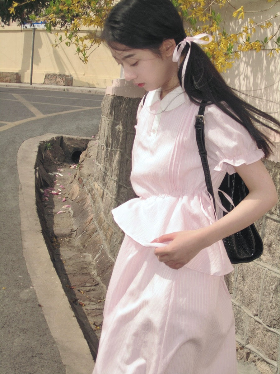 Nancy pink striped ruffle dress summer short-sleeved doll collar sweet waist slimming mid-length skirt