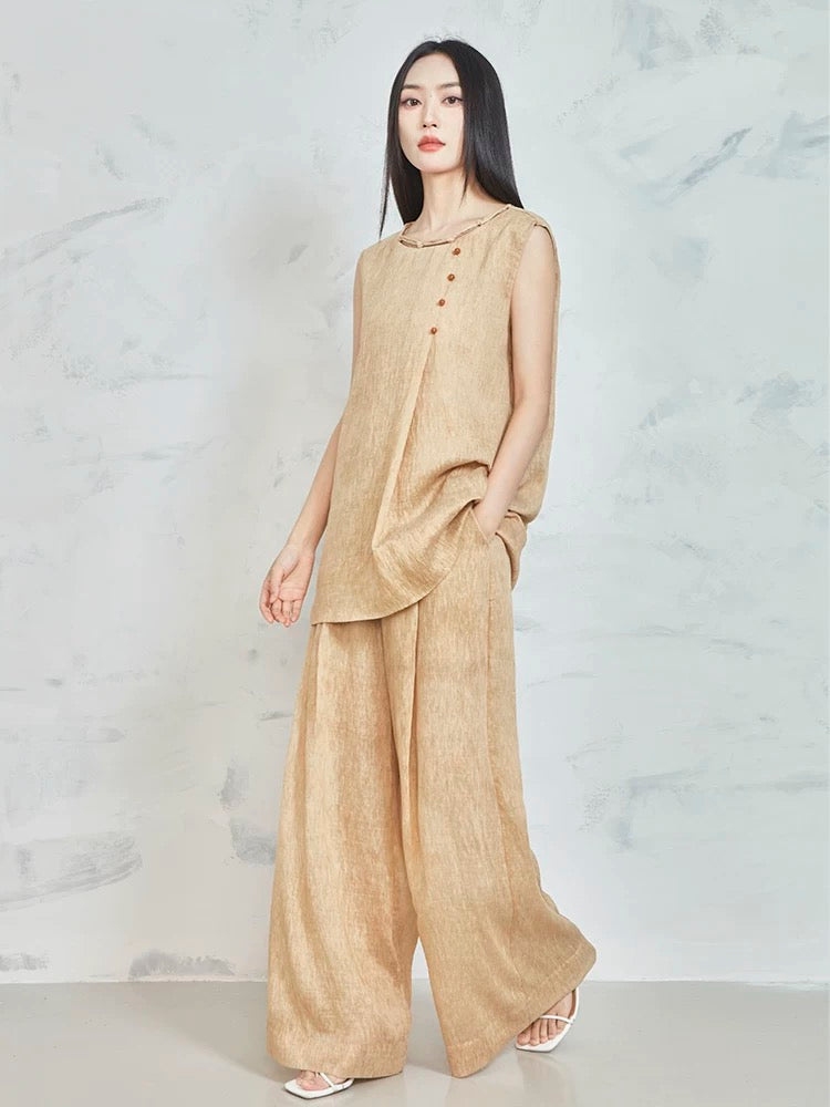 MOVE BY Retro high-end new Chinese style Tencel linen suit for women in summer elegant drapey wide-leg pants