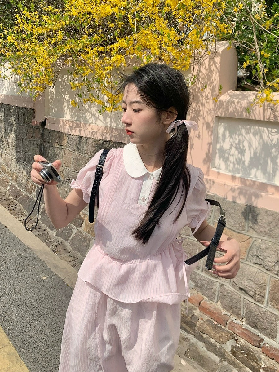Nancy pink striped ruffle dress summer short-sleeved doll collar sweet waist slimming mid-length skirt