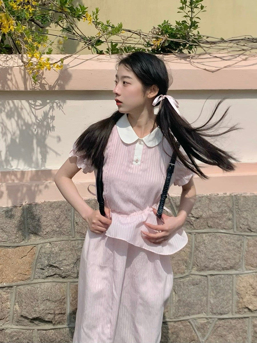 Nancy pink striped ruffle dress summer short-sleeved doll collar sweet waist slimming mid-length skirt