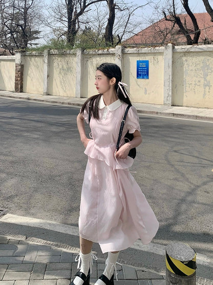Nancy pink striped ruffle dress summer short-sleeved doll collar sweet waist slimming mid-length skirt