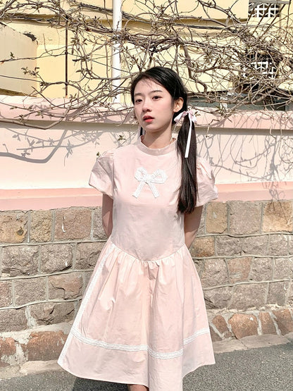 Nancy Light Pink Bow Dress Sweet Puff Sleeve Summer Short Sleeve Cotton Waist Slimming A-Line Skirt