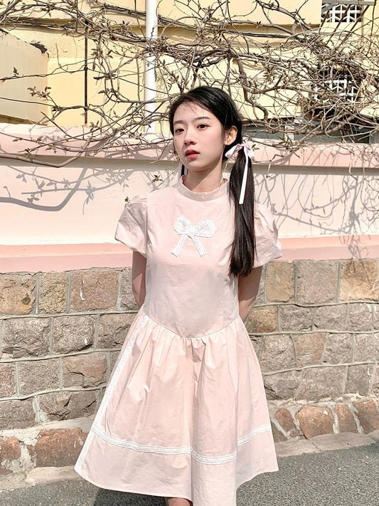 Nancy Light Pink Bow Dress Sweet Puff Sleeve Summer Short Sleeve Cotton Waist Slimming A-Line Skirt