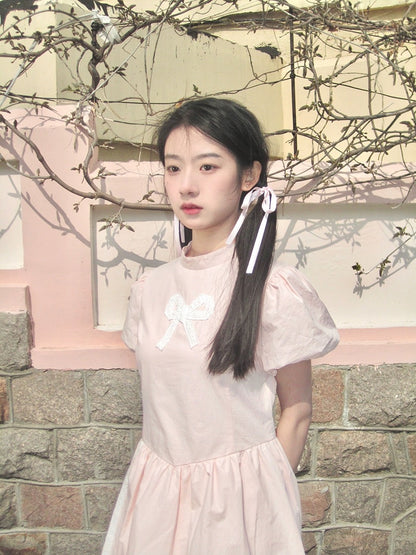 Nancy Light Pink Bow Dress Sweet Puff Sleeve Summer Short Sleeve Cotton Waist Slimming A-Line Skirt