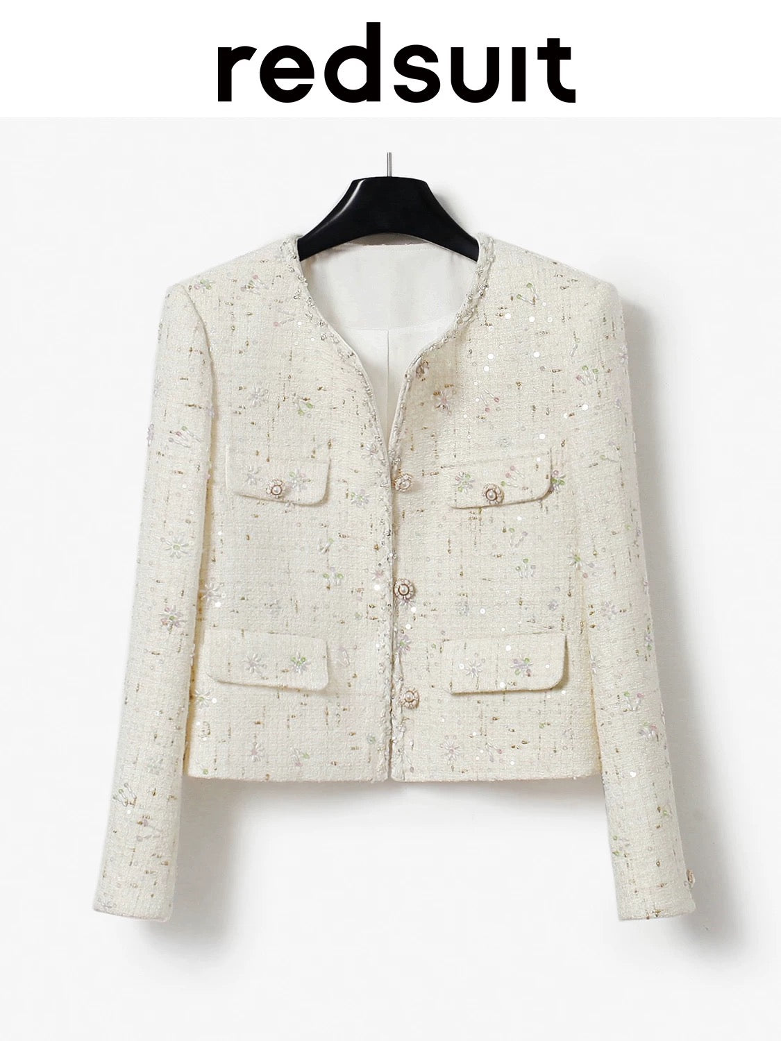 Redsuit Haute Couture Cream White Beaded Chanel-Style Short Jacket for Heiress - Exquisite and Elegant