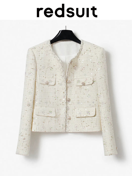 Redsuit Haute Couture Cream White Beaded Chanel-Style Short Jacket for Heiress - Exquisite and Elegant