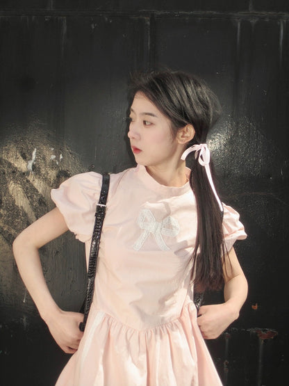 Nancy Light Pink Bow Dress Sweet Puff Sleeve Summer Short Sleeve Cotton Waist Slimming A-Line Skirt