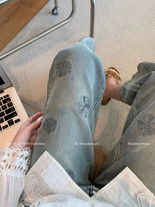 Light-colored retro embroidered jeans for women summer thin high waist slim elastic design nine-point narrow straight pants