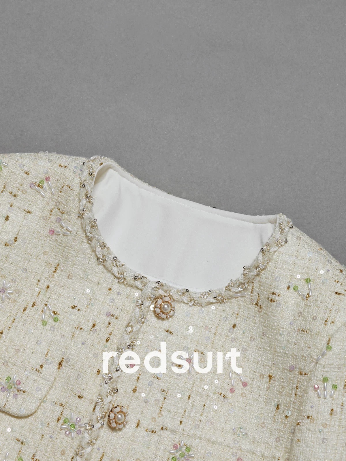 Redsuit Haute Couture Cream White Beaded Chanel-Style Short Jacket for Heiress - Exquisite and Elegant