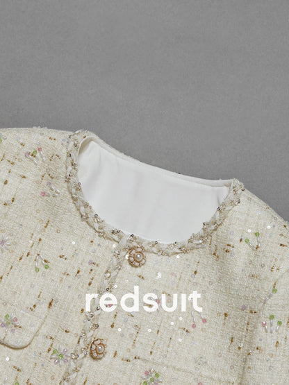 Redsuit Haute Couture Cream White Beaded Chanel-Style Short Jacket for Heiress - Exquisite and Elegant