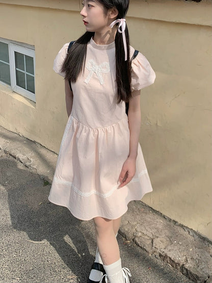 Nancy Light Pink Bow Dress Sweet Puff Sleeve Summer Short Sleeve Cotton Waist Slimming A-Line Skirt
