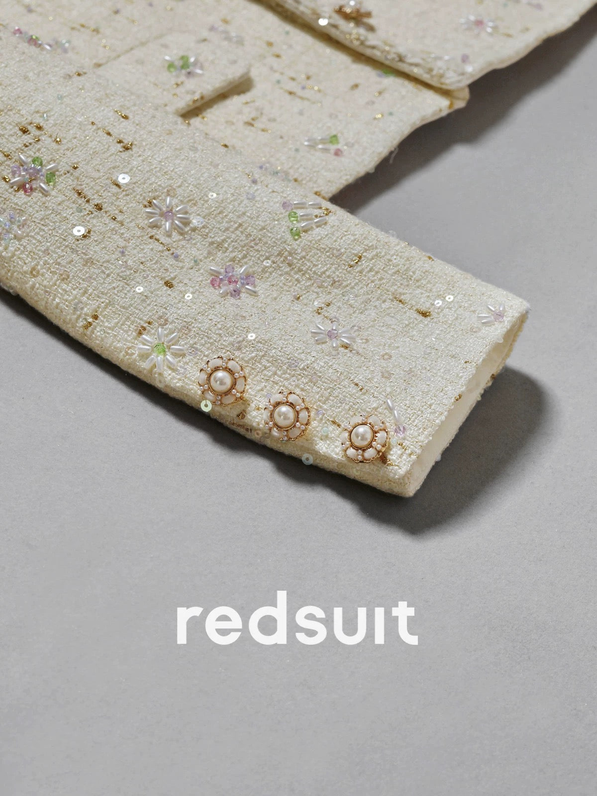 Redsuit Haute Couture Cream White Beaded Chanel-Style Short Jacket for Heiress - Exquisite and Elegant