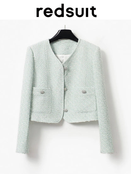 Redsuit Haute Couture Dreamy Tweed Knit Jacket, Elegant New Chanel-Style Jacket, Versatile Teal Green Top