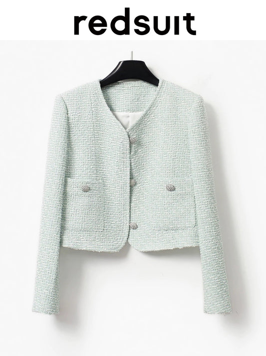 Redsuit Haute Couture Dreamy Tweed Knit Jacket, Elegant New Chanel-Style Jacket, Versatile Teal Green Top