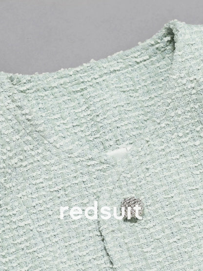 Redsuit Haute Couture Dreamy Tweed Knit Jacket, Elegant New Chanel-Style Jacket, Versatile Teal Green Top