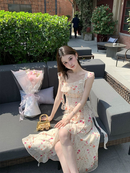 NIMOWANG [Butterfly Secret] Floral Dress Women's Long Slit Skirt Design French Retro Skirt