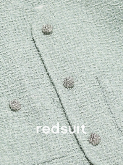 Redsuit Haute Couture Dreamy Tweed Knit Jacket, Elegant New Chanel-Style Jacket, Versatile Teal Green Top