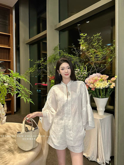 【ZHENG YU】Fashionable new Chinese style splicing lace top and shorts two-piece set autumn suit with design