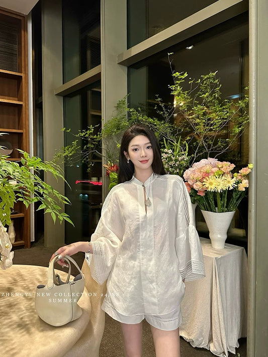 【ZHENG YU】Fashionable new Chinese style splicing lace top and shorts two-piece set autumn suit with design
