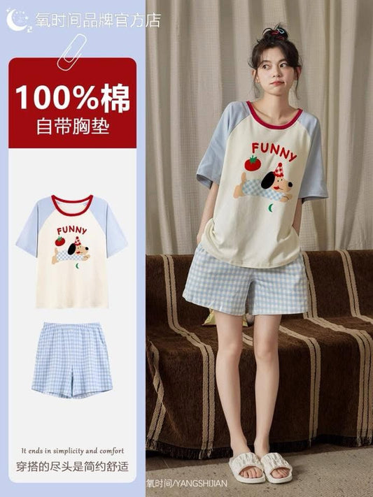 Oxygen Time Pad Pajamas Women's Summer Cotton Short-sleeved Home Clothes 2025 Summer Cartoon Outerwear Set
