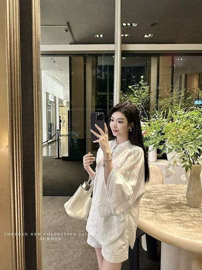 【ZHENG YU】Fashionable new Chinese style splicing lace top and shorts two-piece set autumn suit with design