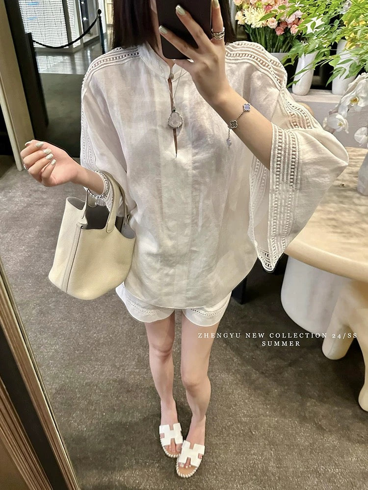 【ZHENG YU】Fashionable new Chinese style splicing lace top and shorts two-piece set autumn suit with design