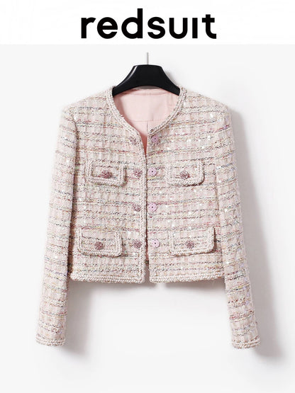 Redsuit Dreamy 3D Sequin Textured Heavyweight Chanel-Style Jacket Colorful Tweed High-End Elegant Top