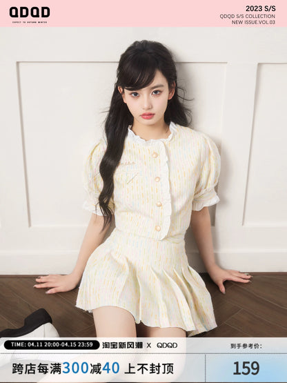 QDQD colorful short-sleeved ruffled small fragrance suit summer high-end milky sweet lace splicing pleated skirt