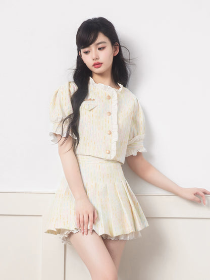 QDQD colorful short-sleeved ruffled small fragrance suit summer high-end milky sweet lace splicing pleated skirt