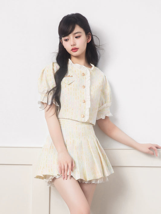 QDQD colorful short-sleeved ruffled small fragrance suit summer high-end milky sweet lace splicing pleated skirt