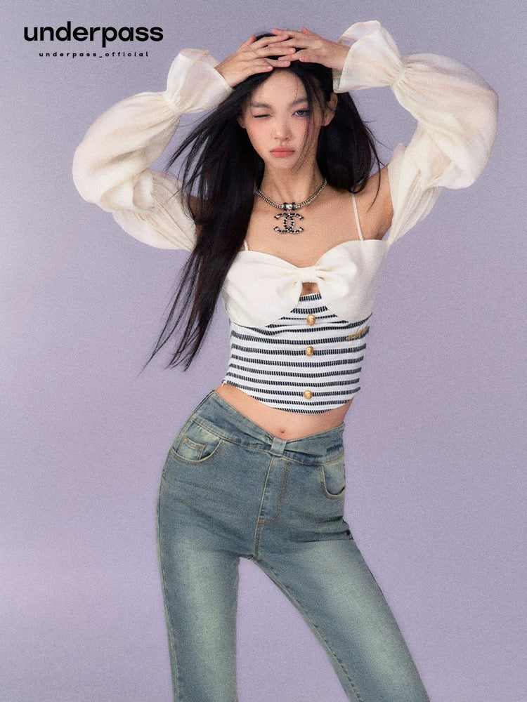 Underpass original design pure lust bow tube top long sleeve striped one shoulder suspender short top for women