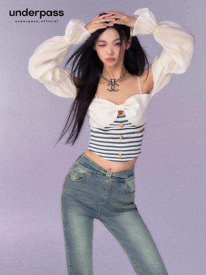 Underpass original design pure lust bow tube top long sleeve striped one shoulder suspender short top for women