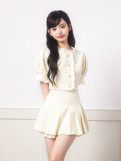QDQD colorful short-sleeved ruffled small fragrance suit summer high-end milky sweet lace splicing pleated skirt
