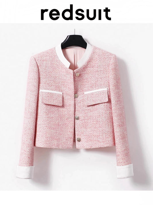 Redsuit Designer Stand Collar Patchwork Rolled Sleeve Chanel Style Pink Wool Short Coat for Commuters