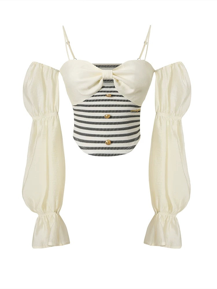 Underpass original design pure lust bow tube top long sleeve striped one shoulder suspender short top for women