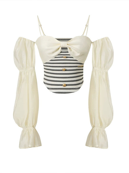 Underpass original design pure lust bow tube top long sleeve striped one shoulder suspender short top for women