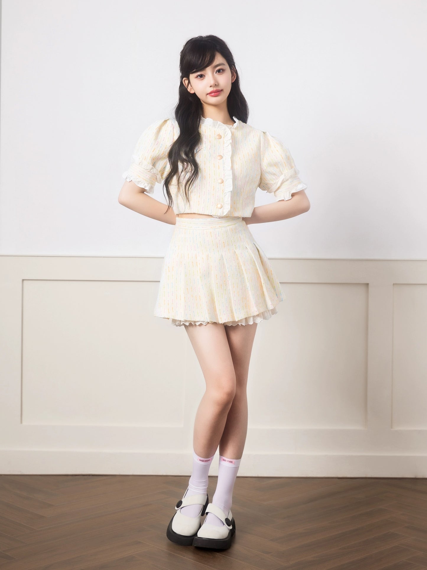 QDQD colorful short-sleeved ruffled small fragrance suit summer high-end milky sweet lace splicing pleated skirt