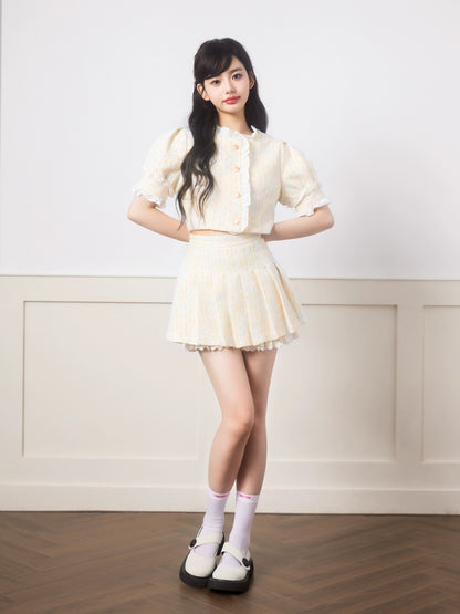 QDQD colorful short-sleeved ruffled small fragrance suit summer high-end milky sweet lace splicing pleated skirt