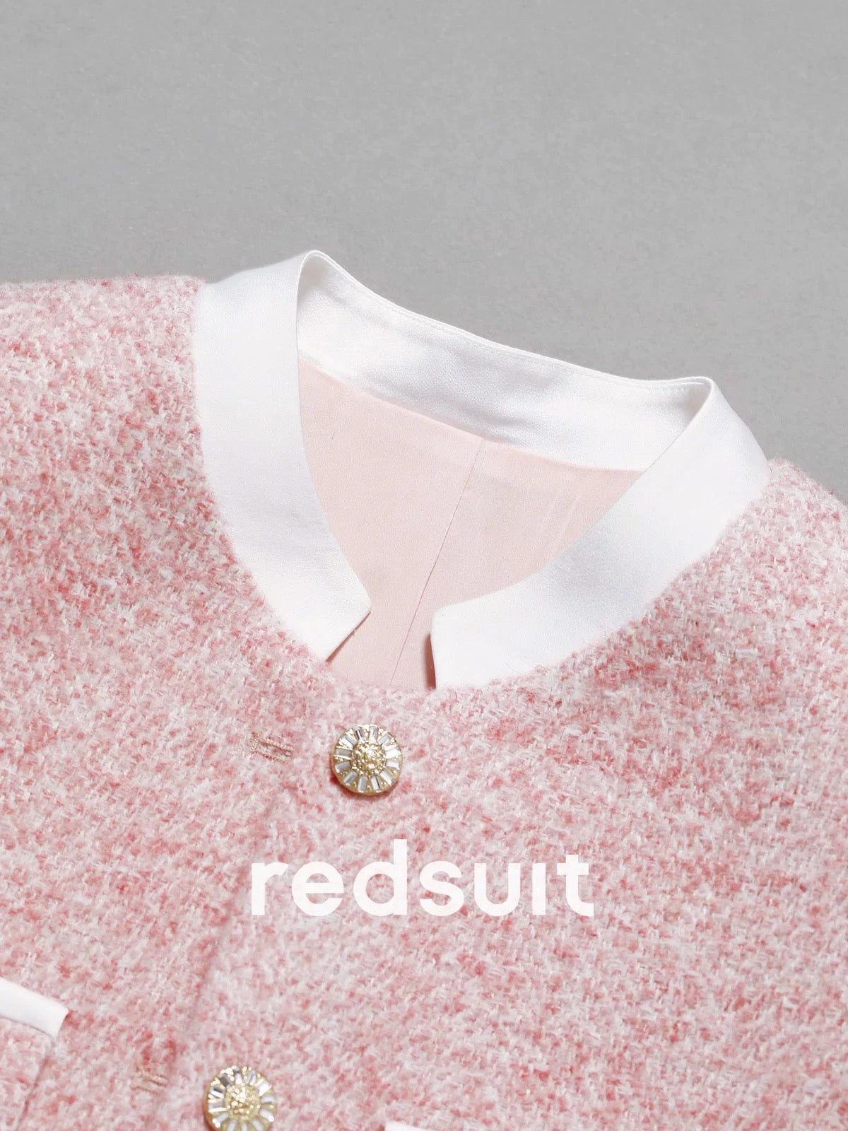 Redsuit Designer Stand Collar Patchwork Rolled Sleeve Chanel Style Pink Wool Short Coat for Commuters