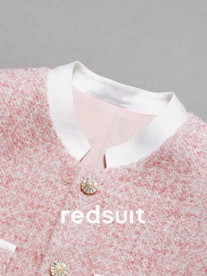 Redsuit Designer Stand Collar Patchwork Rolled Sleeve Chanel Style Pink Wool Short Coat for Commuters