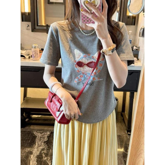 [GD Kitten] Summer Fashion Cute Kitten 3D Beaded Short Sleeve-DX2025381