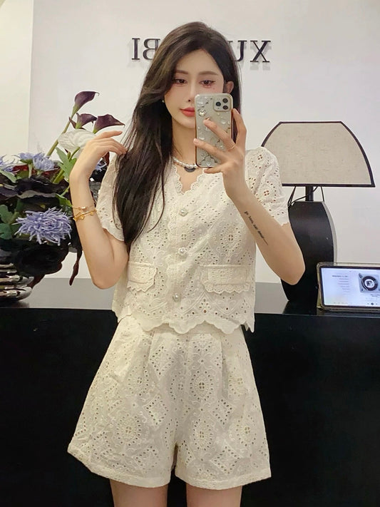 French V-neck hollow embroidery small fragrance suit for women 2024 new small lace wide-leg shorts two-piece set